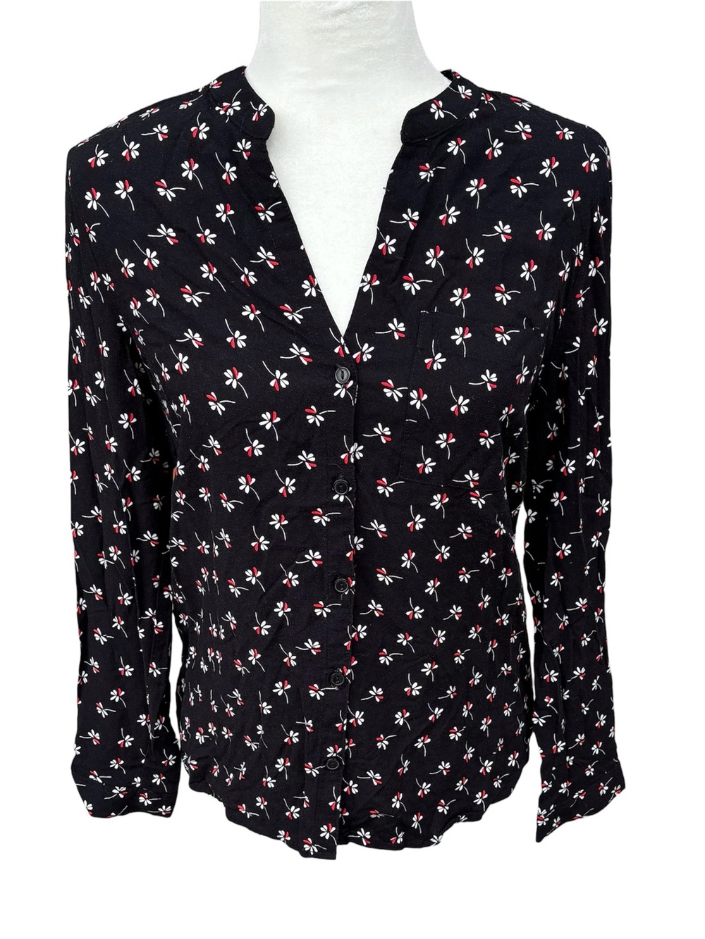 Primark Black Ditsy Floral Roll Tab Blouse Size 8